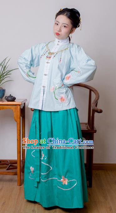 Asian China Ming Dynasty Princess Costume Blue Blouse and Green Skirt, Traditional Ancient Chinese Palace Lady Embroidered Hanfu Clothing for Women