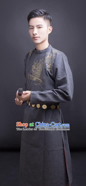 Asian China Tang Dynasty Swordsman Costume Grey Robe, Traditional Ancient Chinese Imperial Bodyguard Embroidered Clothing for Men