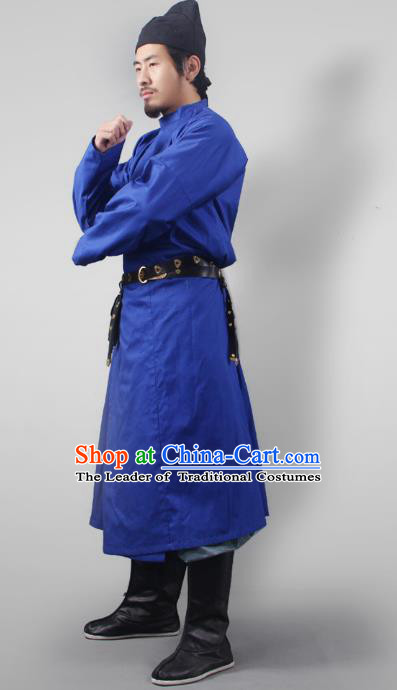 Asian China Tang Dynasty Swordsman Costume Blue Robe, Traditional Ancient Chinese Imperial Bodyguard Clothing for Men