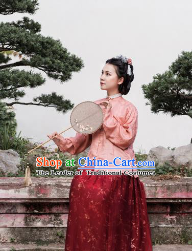 Asian China Ming Dynasty Palace Lady Costume Pink Brocade Blouse, Traditional Ancient Chinese Princess Hanfu Embroidered Clothing for Women