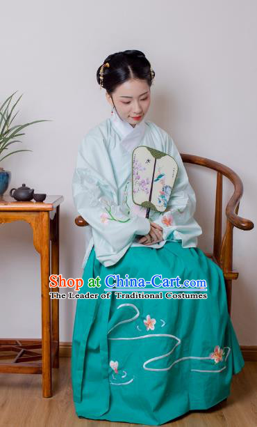 Asian China Ming Dynasty Princess Costume Blue Blouse and Green Skirt, Traditional Ancient Chinese Palace Lady Embroidered Hanfu Clothing for Women