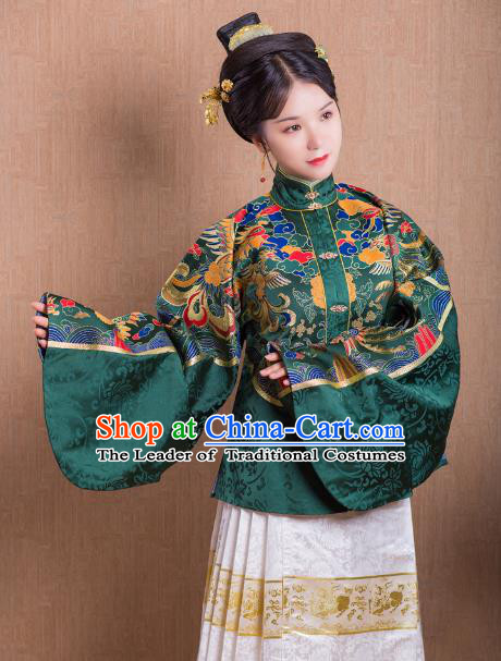Asian China Ming Dynasty Princess Costume Green Blouse, Traditional Ancient Chinese Palace Lady Embroidered Hanfu Shirts Clothing for Women