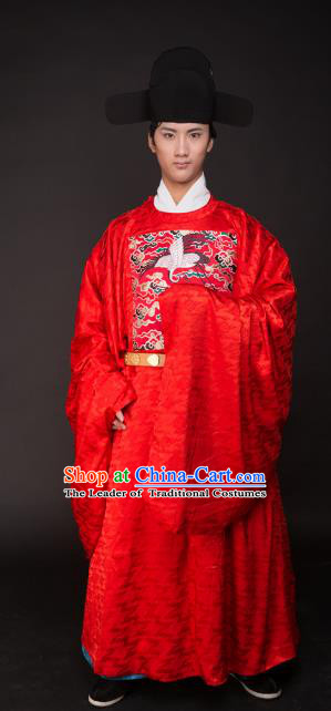 Asian China Ming Dynasty Wedding Costume Bridegroom Red Robe, Traditional Ancient Chinese Lang Scholar Embroidered Hanfu Clothing for Men