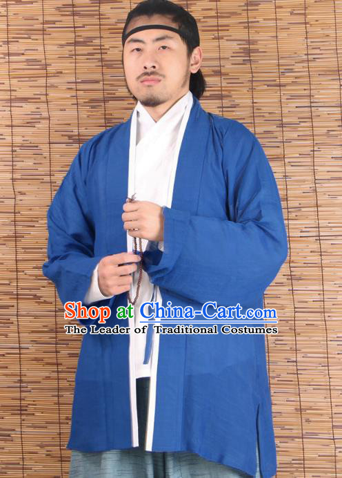 Asian China Ming Dynasty Swordsman Costume Blue Shirts, Traditional Ancient Chinese Youxia Hanfu BeiZi Clothing for Men