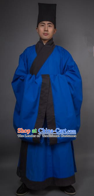 Asian China Han Dynasty Minister Costume Blue Robe, Traditional Ancient Chinese Chancellor Hanfu Clothing for Men