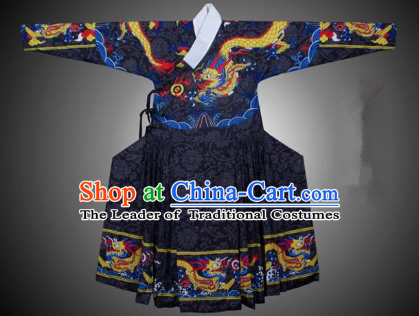 Asian China Ming Dynasty Swordsman Costume Printing Black Robe, Traditional Ancient Chinese Imperial Bodyguard Hanfu Clothing for Men