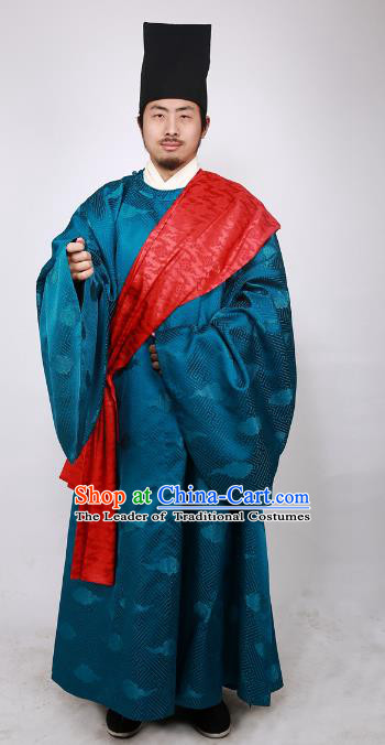 Asian China Ming Dynasty Minister Costume Blue Brocade Robe, Traditional Ancient Chinese Chancellor Hanfu Clothing for Men