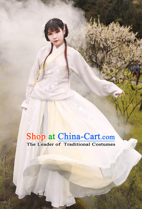 Asian China Ming Dynasty Princess Costume White Blouse and Skirt, Traditional Ancient Chinese Palace Lady Hanfu Embroidered Clothing for Women