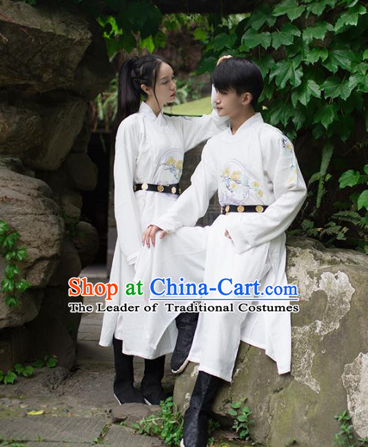Asian China Ming Dynasty Costume White Robe, Traditional Ancient Chinese Swordsman Hanfu Embroidered Clothing for Women for Men