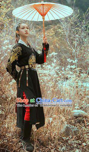 Asian China Ming Dynasty Costume Black Robe, Traditional Ancient Chinese Swordsman Hanfu Embroidered Clothing for Women