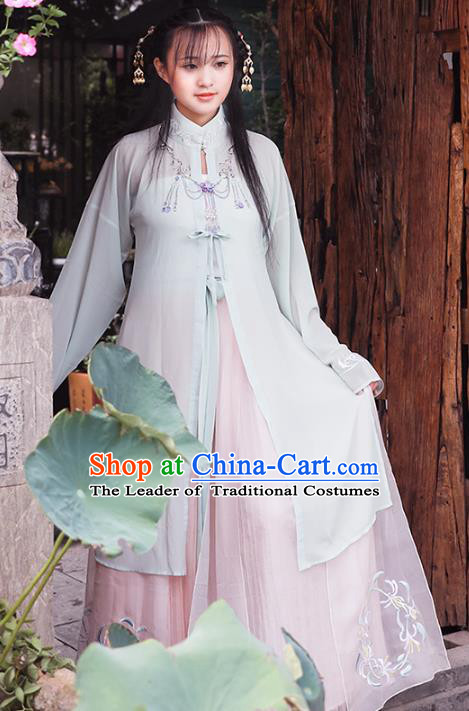 Asian China Ming Dynasty Young Lady Costume Blouse and Skirt, Traditional Ancient Chinese Princess Hanfu Embroidered Clothing for Women