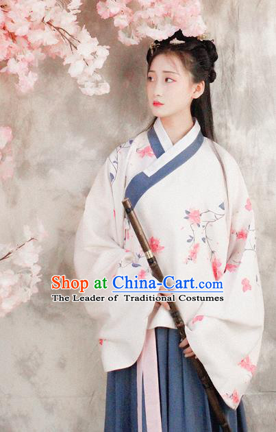 Asian China Ming Dynasty Young Lady Costume White Blouse and Skirt, Traditional Ancient Chinese Princess Hanfu Embroidered Clothing for Women
