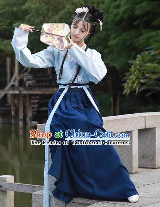 Asian China Ming Dynasty Imperial Princess Costume, Traditional Ancient Chinese Hanfu Embroidered Blouse and Skirt Clothing for Women