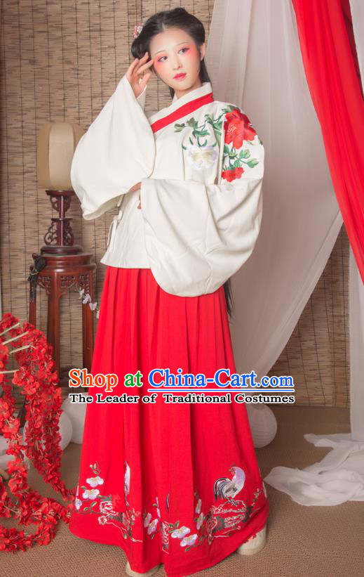 Asian China Ming Dynasty Imperial Princess Costume Blouse and Red Skirt, Traditional Ancient Chinese Hanfu Embroidered Clothing for Women
