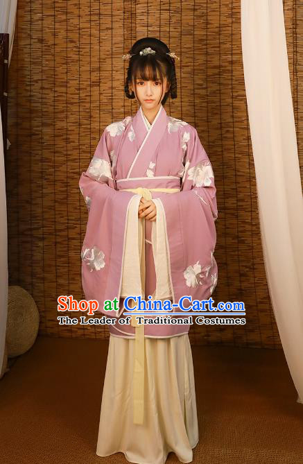 Asian China Han Dynasty Imperial Princess Costume Purple Curve Bottom, Traditional Ancient Chinese Hanfu Embroidered Clothing for Women