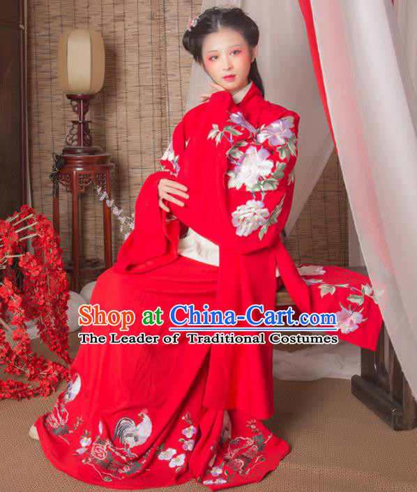 Asian China Ming Dynasty Imperial Princess Red Cloak, Traditional Ancient Chinese Hanfu Embroidered Cape Clothing for Women
