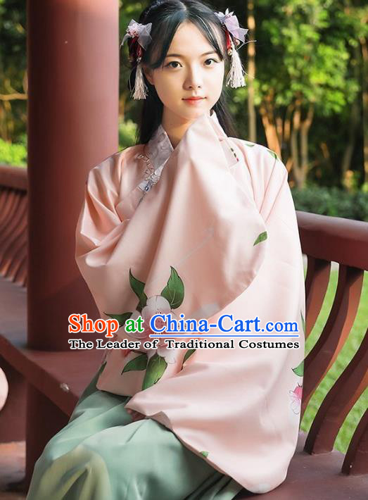 Asian China Ming Dynasty Palace Lady Costume Slant Opening Pink Blouse, Traditional Ancient Chinese Princess Hanfu Embroidered Clothing for Women
