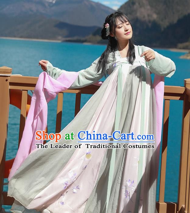 Asian China Tang Dynasty Palace Lady Costume, Traditional Ancient Chinese Princess Hanfu Embroidered Dress Clothing for Women