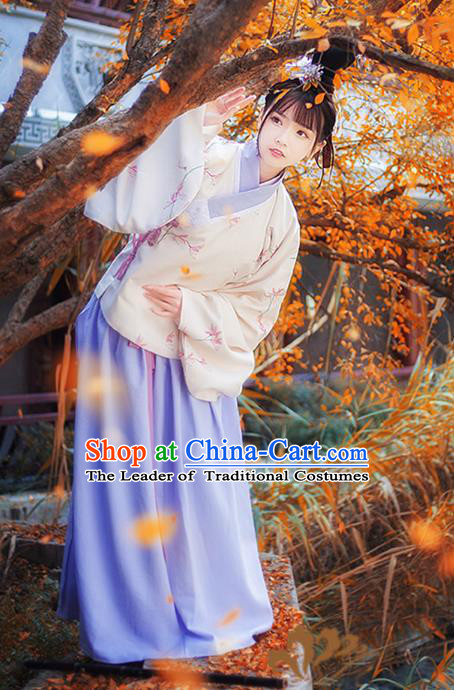 Asian China Ming Dynasty Princess Costume Printing Blouse and Skirt, Traditional Ancient Chinese Palace Lady Hanfu Clothing for Women