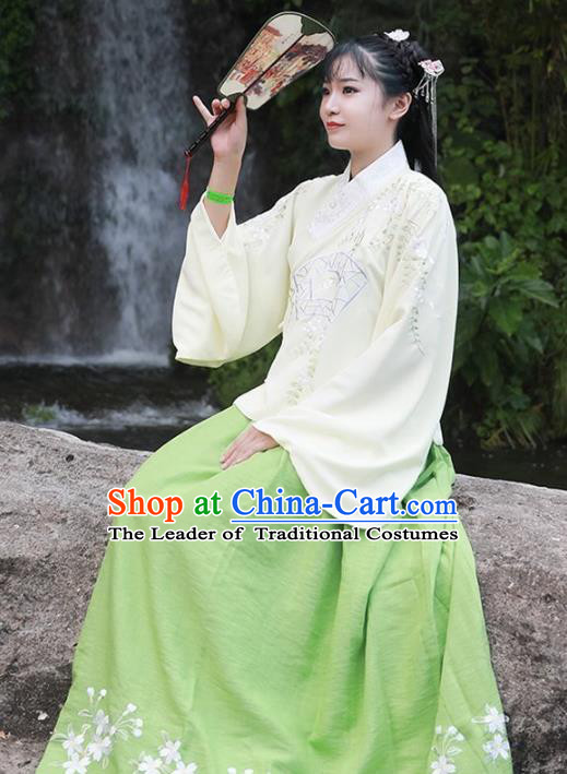 Asian China Ming Dynasty Young Lady Costume Complete Set, Traditional Ancient Chinese Princess Hanfu Embroidered Blouse and Skirt Clothing for Women