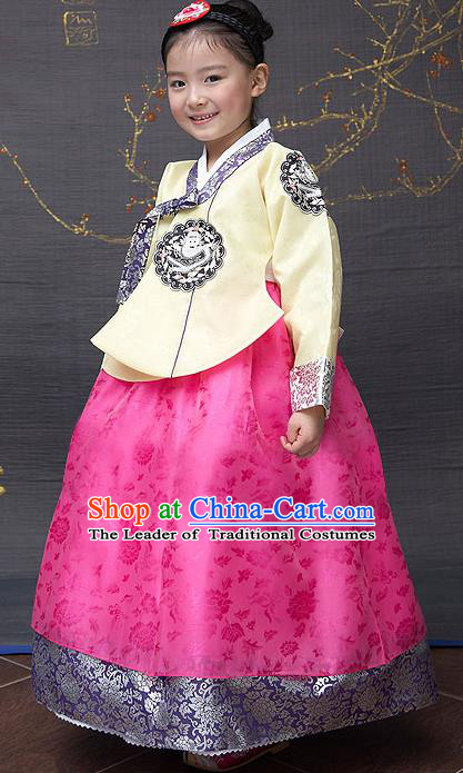 Traditional Korean National Top Grade Handmade Court Embroidered Clothing, Asian Korean Bride Hanbok Yellow Blouse and Pink Dress for Kids