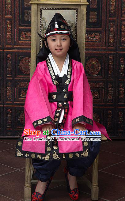 Traditional Korean National Top Grade Handmade Court Embroidered Costume, Asian Korean Boys Rosy Hanbok Clothing for Kids