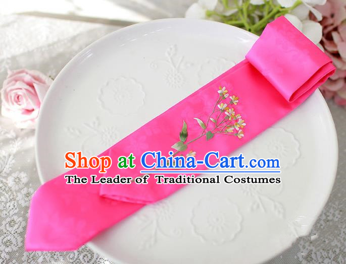 Traditional Korean Hair Accessories Embroidered Rosy Hair Ribbon, Asian Korean Fashion Wedding Headband for Kids