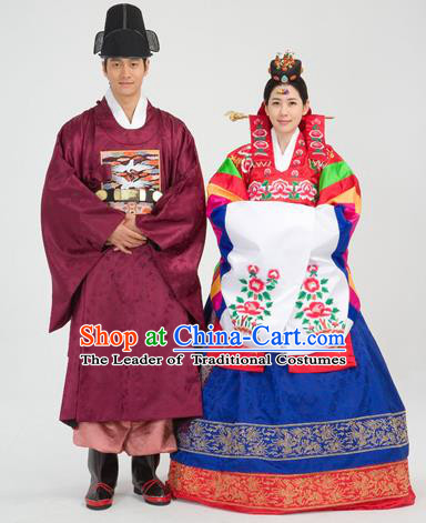 Traditional Korean National Handmade Court Embroidered Wedding Clothing, Asian Korean Bride and Bridegroom Costume for Women for Men