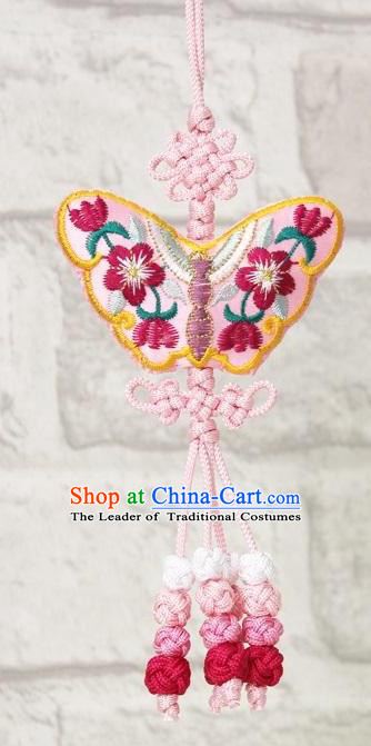 Traditional Korean Accessories Embroidered Butterfly Pink Waist Pendant, Asian Korean Fashion Wedding Tassel Waist Decorations for Kids