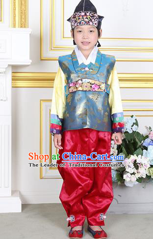 Traditional Korean National Handmade Court Embroidered Blue Costume, Asian Korean Boys Hanbok Clothing for Kids