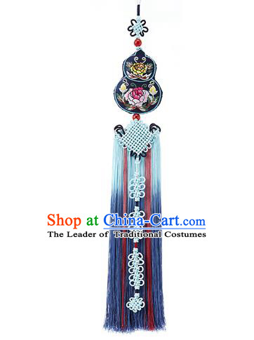 Traditional Korean Accessories Embroidered Cucurbit Waist Pendant, Asian Korean Fashion Wedding Blue Tassel Waist Decorations for Women