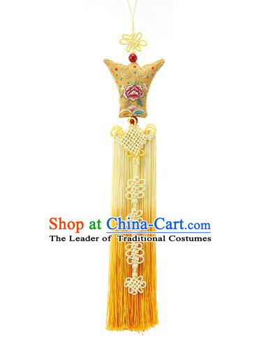 Traditional Korean Accessories Embroidered Waist Pendant, Asian Korean Fashion Wedding Yellow Tassel Waist Decorations for Women