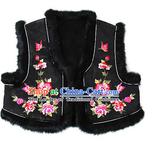 Traditional Korean National Handmade Court Embroidered Peony Black Vest, Asian Korean Bride Waistcoat Costume for Kids