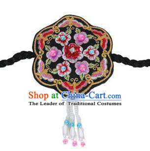 Traditional Korean Hair Accessories Embroidered Black Hair Clasp, Asian Korean Fashion Wedding Headband for Kids