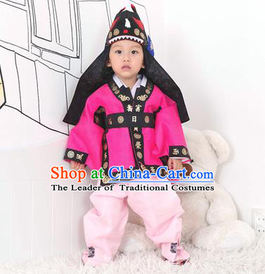 Traditional Korean Handmade Hanbok Embroidered Rosy Costume and Hats, Asian Korean Apparel Hanbok Embroidery Clothing for Boys