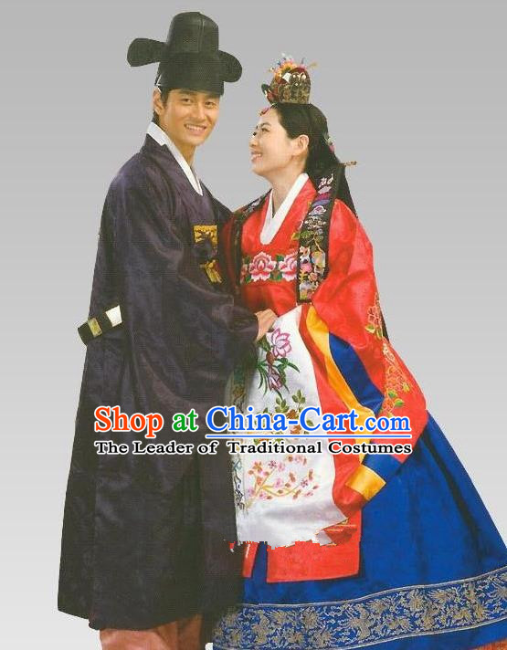 Traditional Korean Handmade Formal Occasions Wedding Costume Complete Set, Asian Korean Apparel Bride and Bridegroom Hanbok Clothing