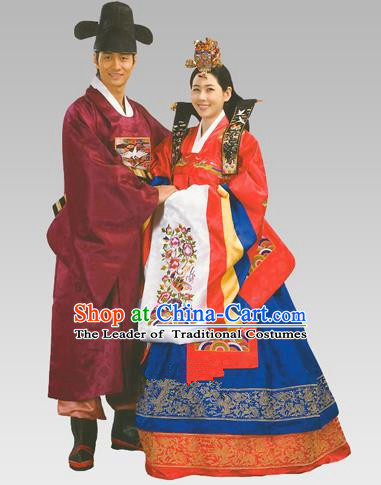 Traditional Korean Handmade Formal Occasions Court Wedding Costume Complete Set, Asian Korean Apparel Bride and Bridegroom Hanbok Clothing