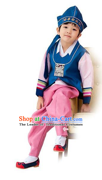 Traditional Korean Handmade Hanbok Embroidered Deep Blue Formal Occasions Costume, Asian Korean Apparel Hanbok Clothing for Boys