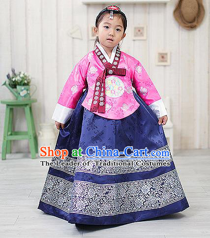 Traditional Korean Handmade Formal Occasions Embroidered Girls Costume, Asian Korean Apparel Bride Hanbok Navy Dress Clothing for Kids