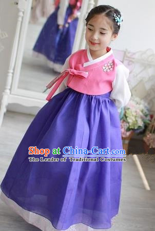 Traditional Korean Handmade Formal Occasions Embroidered Girls Wedding Costume Pink Blouse and Blue Dress Hanbok Clothing for Kids