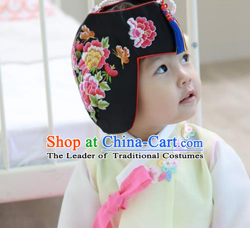 Traditional Korean Hair Accessories Embroidered Flowers Black Hats, Asian Korean Fashion Children Wedding Headwear for Girls