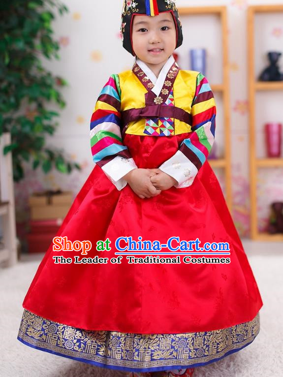 Traditional Korean Handmade Formal Occasions Embroidered Girls Wedding Red Costume, Asian Korean Apparel Palace Hanbok Dress Clothing for Kids