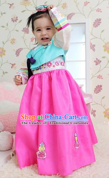 Traditional Korean Handmade Embroidered Formal Occasions Costume, Asian Korean Apparel Hanbok Pink Dress Clothing for Girls