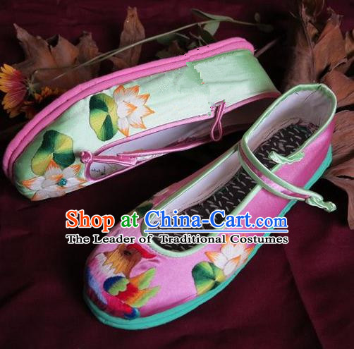 Traditional Chinese Ancient Princess Shoes Pink Embroidered Boots, China Handmade Embroidery Lotus Hanfu Shoes for Women
