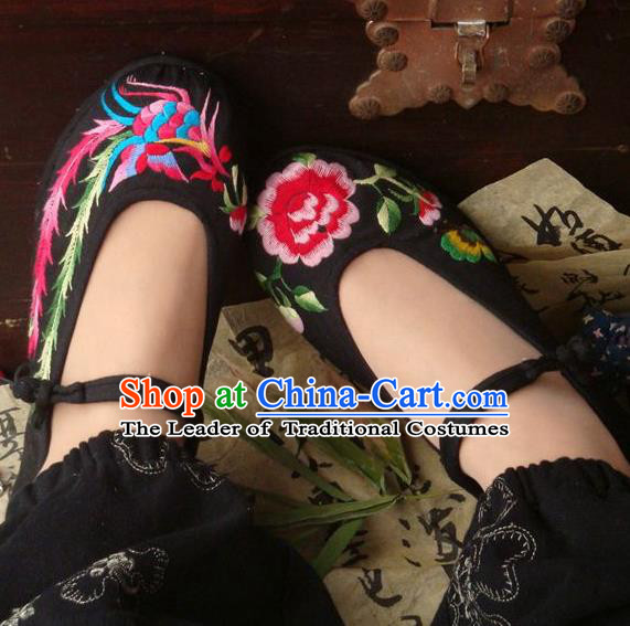 Traditional Chinese Ancient Princess Shoes Black Cloth Embroidered Shoes, China Handmade Embroidery Peony Hanfu Shoes for Women