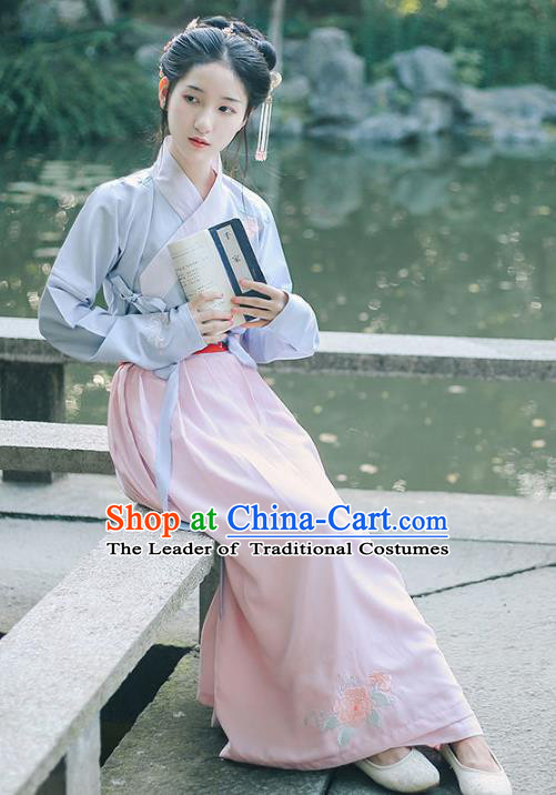 Traditional Chinese Ancient Nobility Lady Costume Ming Dynasty Hanfu Embroidered Begonia Blouse and Skirt Complete Set for Women
