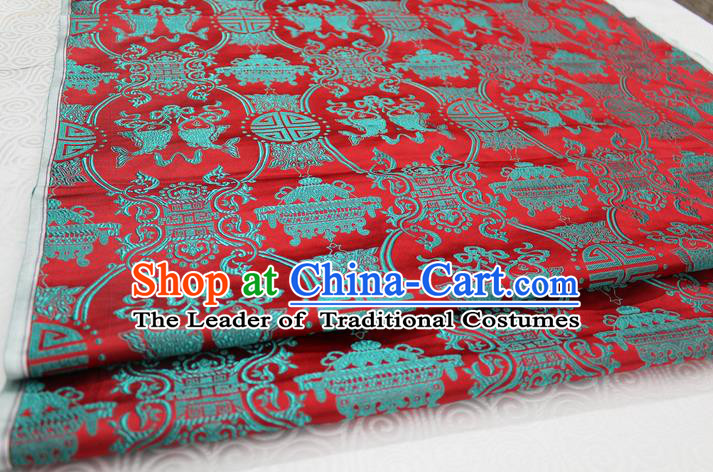 Chinese Traditional Ancient Costume Palace Double Fish Pattern Red Nanjing Brocade Cheongsam Satin Mongolian Robe Fabric Hanfu Material