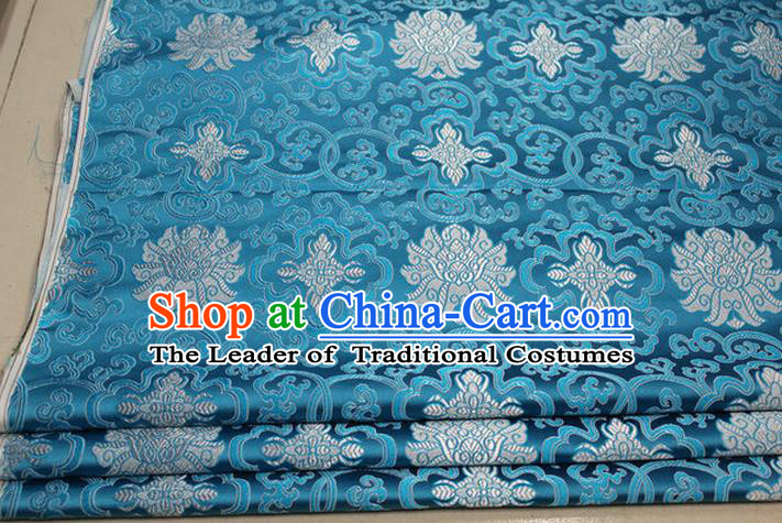 Chinese Traditional Ancient Costume Palace Lotus Pattern Mongolian Robe Cheongsam Blue Brocade Tang Suit Fabric Hanfu Material