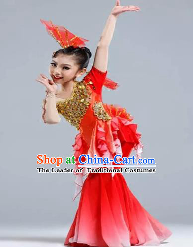 Traditional Chinese Classical Dance Yangge Fan Dancing Costume, Folk Dance Drum Dance Uniform Yangko Red Clothing for Kids