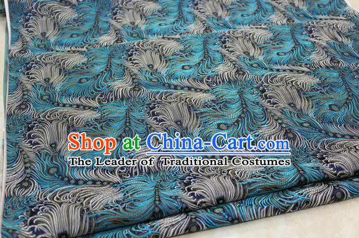 Chinese Traditional Ancient Costume Palace Feather Pattern Tang Suit Blue Brocade Cheongsam Satin Fabric Hanfu Material